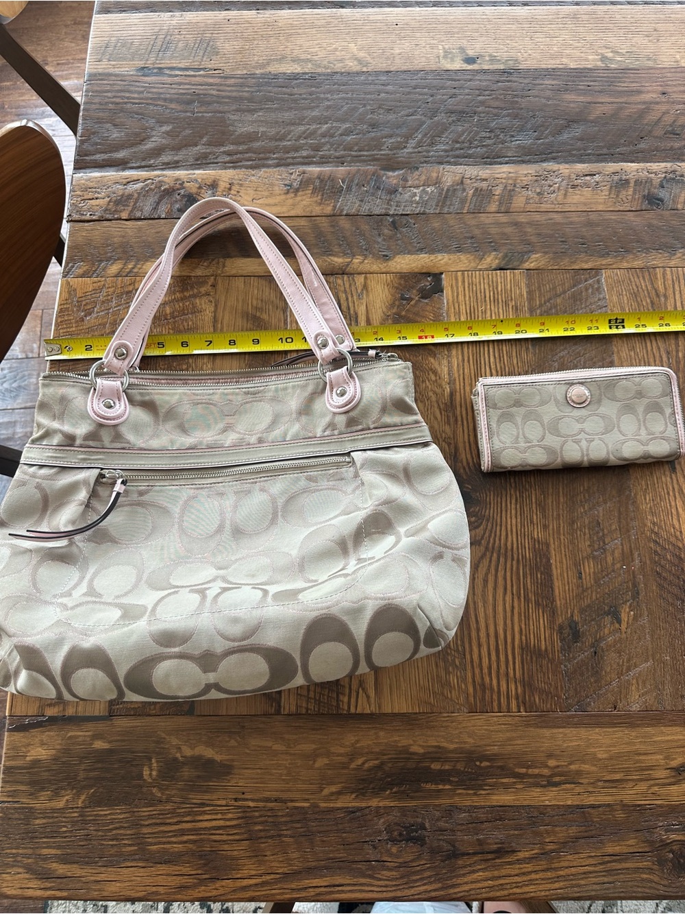 Coach Beige Signature Shoulder Bag with Pink Trim and Matching Wallet